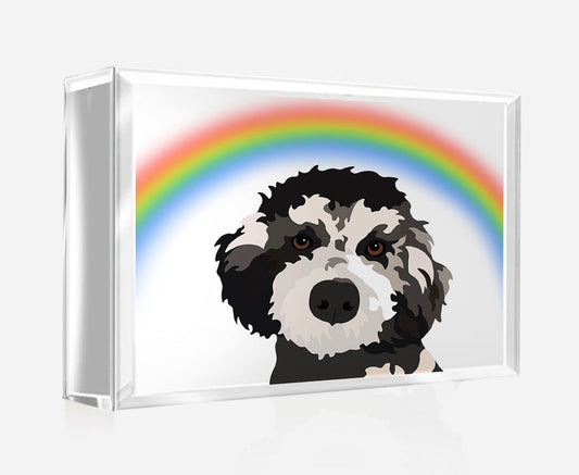 One Pet Portrait on Crystal Photo Block - Memorial - Rainbow Bridge | Custom Hand-Drawn Pet Portrait in Cartoon-Realism Style